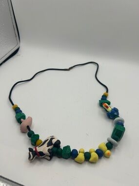 Colorful Handcrafted Ceramic Animal Bead Necklace in Green, Yellow, Blue